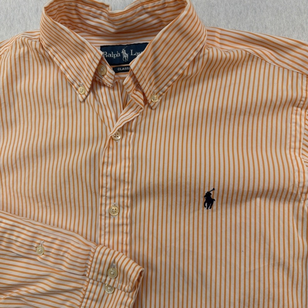 Polo Ralph Lauren Men Orange White Stripes Classic Fit LS Shirt Size 15 32/33